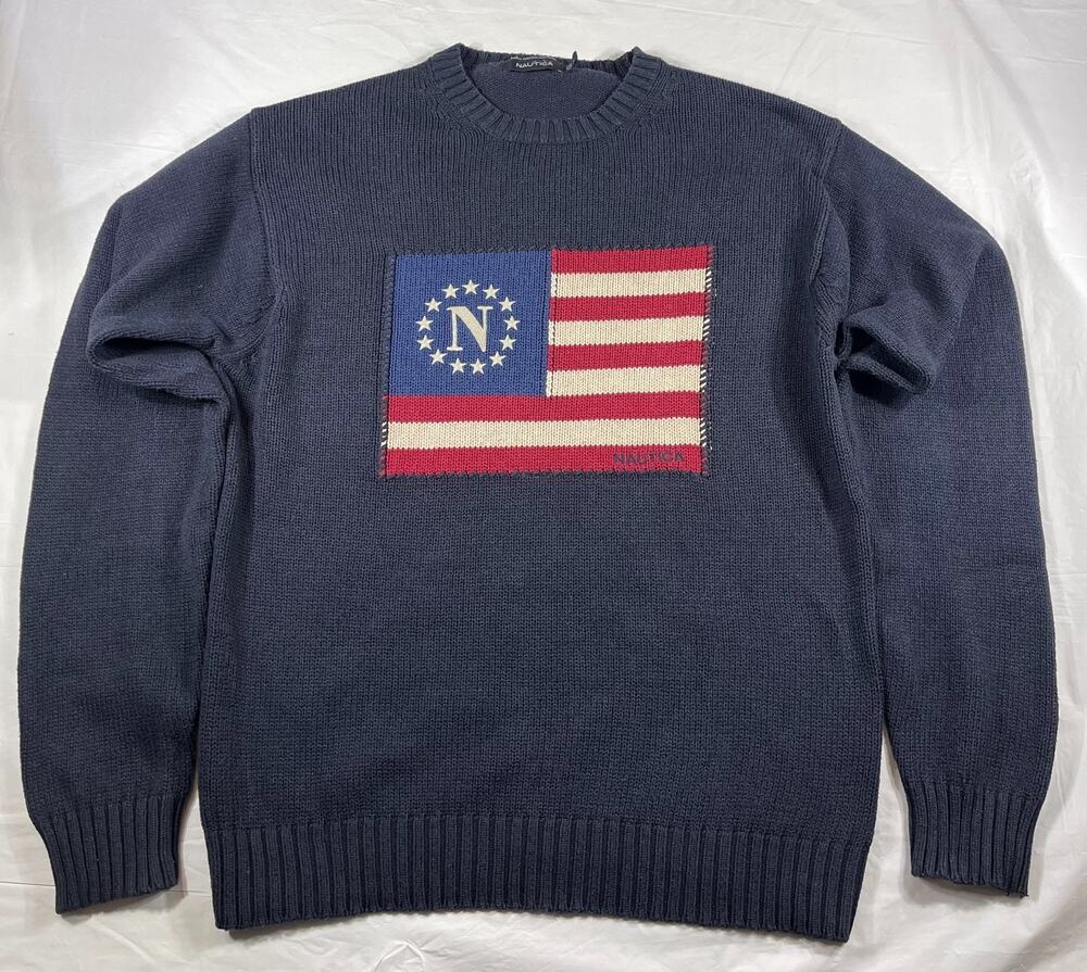 Vintage Nautica Men's Navy Blue USA Flag Logo Crewneck Sweater 100% Cotton-Large